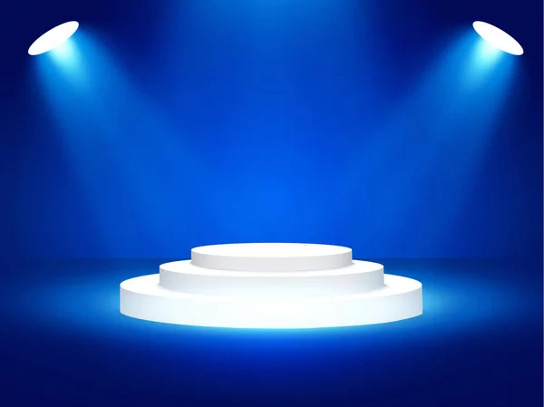 Scen podium med belysning, Scen podium scen med för prisutdelning på blå bakgrund, vektor illustration. — Stock vektor