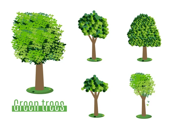 Collectie van bomen illustraties. Kan worden gebruikt om te illustreren een natuur of een gezonde levensstijl onderwerp. Bloemen, gras, grote en kleine bomen, lekkage, bush, landschap, Tuin, park. — Stockvector