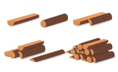 Ahşap günlükleri. Kesilen kuru ağaç kahverengi kabuğu. İnşaat satın alabilirsiniz. Vektör çizim. Ahşap kemerler ahşap, ahşap malzeme endüstrisi bir çizimi için kümesi. Ahşap plakalar