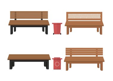 Açık Ahşap banklar çöp ile. Dış Ahşap banklar. Güzel yaz şehir parkı bir kentsel tasarım arka plan ile vektör Illustration. Relax için. Açık Ahşap banklar çöp ile.