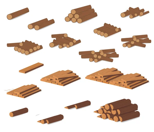 Wooden logs. Brown bark of felled dry wood. Purchase for construction. Vector illustration. A set of wooden straps for wood, an illustration of the industry of wood materials. Wood boards — Stock Vector