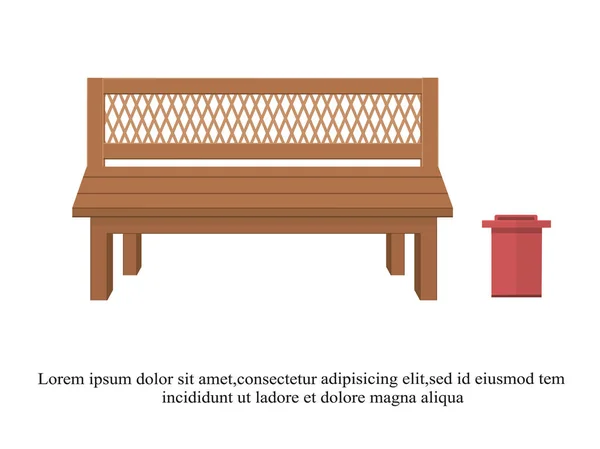 Υπαίθρια ξύλινα έδρανα με σκουπίδια μπορεί. Εξωτερική ξύλινα παγκάκια. Εικονογράφηση διάνυσμα ένα όμορφο καλοκαίρι πάρκο της πόλης με φόντο ένα αστικό σχεδιασμό. Για να χαλαρώσετε. Υπαίθρια ξύλινα έδρανα με σκουπίδια μπορεί να. — Διανυσματικό Αρχείο