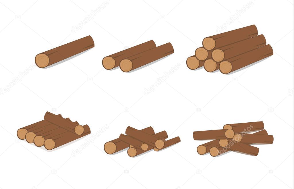 Wooden logs. Brown bark of felled dry wood. Purchase for construction. Vector illustration. A set of wooden straps for wood, an illustration of the industry of wood materials. Wood boards