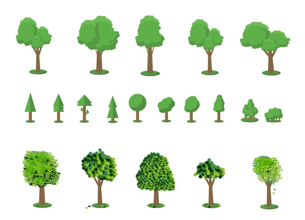 Collection of trees illustrations. Can be used to illustrate any nature or healthy lifestyle topic. Flowers, grass, big and small trees, leakage, bush, landscape, garden, park. — Stock Vector