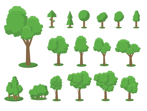 Collectie van bomen illustraties. Kan worden gebruikt om te illustreren een natuur of een gezonde levensstijl onderwerp. Bloemen, gras, grote en kleine bomen, lekkage, bush, landschap, Tuin, park. — Stockvector