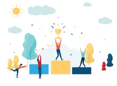 vektör çizim. Kazanan ilk podyum üzerinde duruyor ve bir ödül aldı. Ödülü en iyi kazanmak için