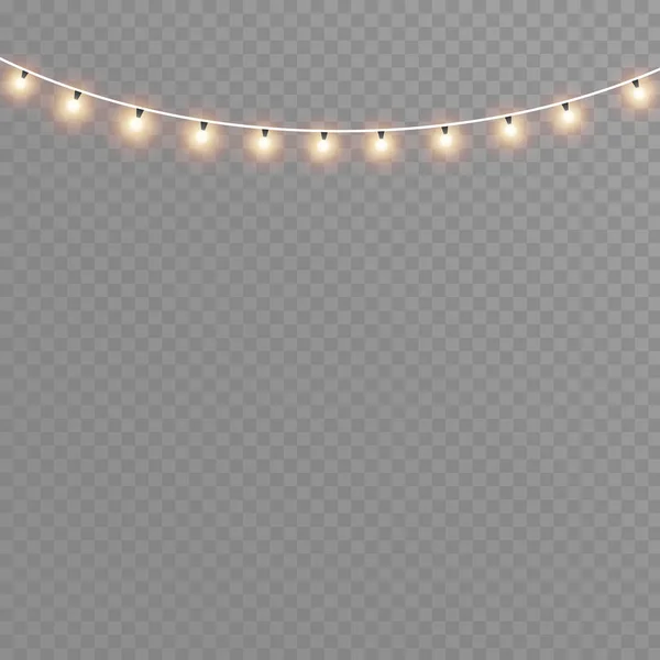 Christmas lights isolated realistic design elements. Glowing lights for Xmas Holiday cards, banners, posters, web design. Garlands decorations. Led neon lamp