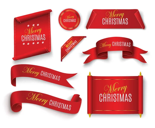 Realistic Red paper banners set. Merry Christmas. Vector illustration. — Stock Vector
