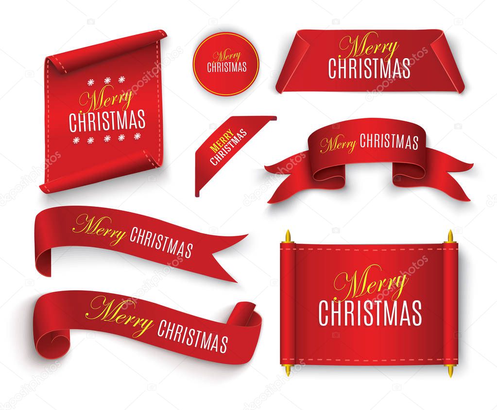 Realistic Red paper banners set. Merry Christmas. Vector illustration.
