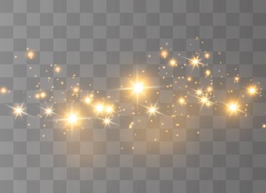 Toz sarıdır. Sarı kıvılcımlar ve altın yıldızlar özel ışıkla parlıyorlar. Şeffaf bir arkaplanda vektör parıldıyor. Noel ışığı etkisi. Parlak sihirli toz parçacıkları.