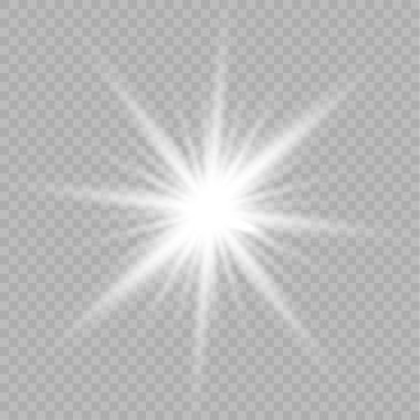 İzole edilmiş beyaz şeffaf ışık efekti seti, lens parlaması, patlama, parıltı, çizgi, güneş parlaması, kıvılcım ve yıldızlar.