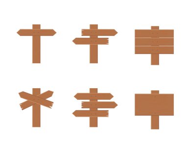 Vektör çizim farklı ahşap sokak işaretlerinin, düz tarzında beyaz arka plan üzerinde işaretçiler koleksiyonu ayarla