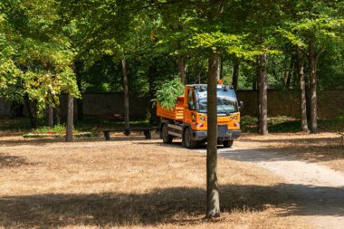 Kamu parkına park etmiş taze kesilmiş yeşil dallarla dolu kompakt servis kamyonu. Kentsel bahçe ve ağaç bakımı devam ediyor. Manzara bakımı, mevsimsel temizlik..
