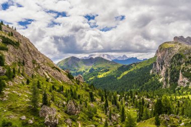 Dolomite Alpleri 'nin yemyeşil ormanları, çayırlar ve kabarık bulutlu parlak mavi gökyüzü manzarası. Doğa, seyahat, manzara temaları için ideal.