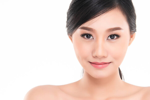 Beautiful Young Asian Woman with Clean Fresh Skin look away, Girl beauty face care. Facial treatment, Cosmetology, beauty and spa.