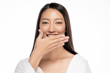 Güzel Asyalı kadın eller üzerinde beyaz Blackground gag