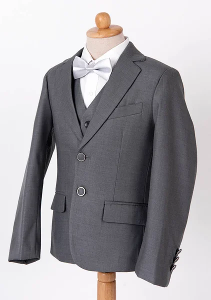 Beautiful Men Grey Jacket Suit Shirt Bow Tie White Background — Stock Photo, Image