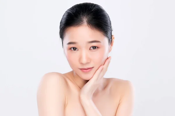 Beautiful Young Asian Woman Touching Her Clean Face Fresh Healthy — Stock Photo, Image