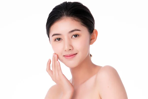 Beautiful Young Asian Woman Touching Her Clean Face Fresh Healthy — Stock Photo, Image