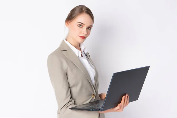 Working Woman Feeling Happy Confident Smart Outfit Holding Her Labtop — Zdjęcie stockowe
