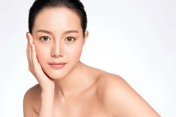 Beautiful Young Asian Woman Touching Her Clean Face Fresh Healthy — Stock Photo, Image