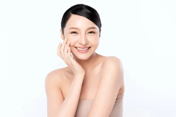Beautiful Young Asian Woman Touching Her Clean Face Fresh Healthy — Stock Photo, Image