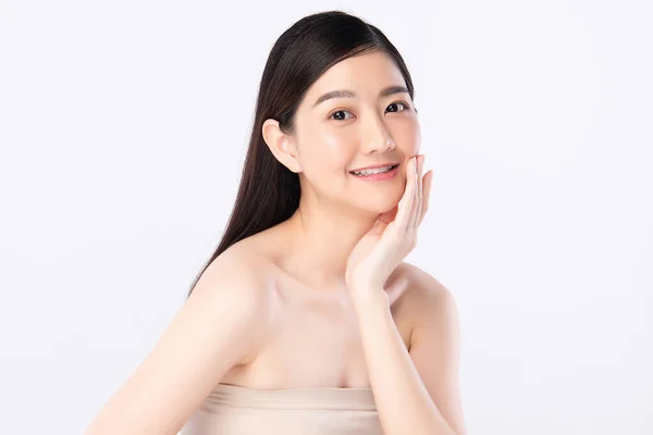 Belle Jeune Femme Asiatique Touchant Son Visage Propre Avec Une — Photo