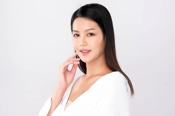 Schöne Junge Asiatische Frau Berührt Ihr Sauberes Gesicht Mit Frischer — Stockfoto