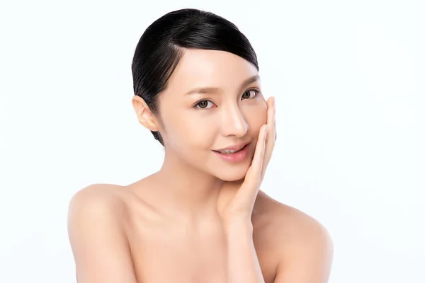 Piękna Twarz Uśmiechnięta Azjatka Dotykająca Zdrowego Portretu Skóry Piękny Model — Zdjęcie stockowe