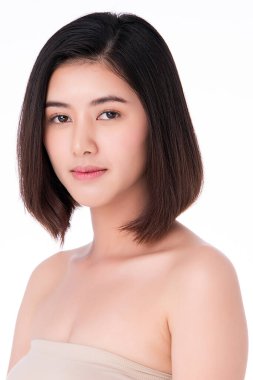 Temiz ciltli güzel Asyalı kadın, beyaz arkaplan, yüz bakımı, yüz bakımı, kozmetoloji, güzellik ve kaplıca, Asyalı kadın portresi