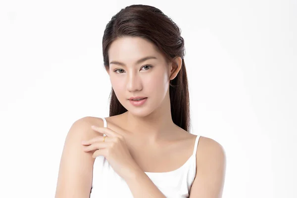 Krásná Mladá Asijská Žena Čistou Svěží Pletí Bílém Pozadí Péče — Stock fotografie