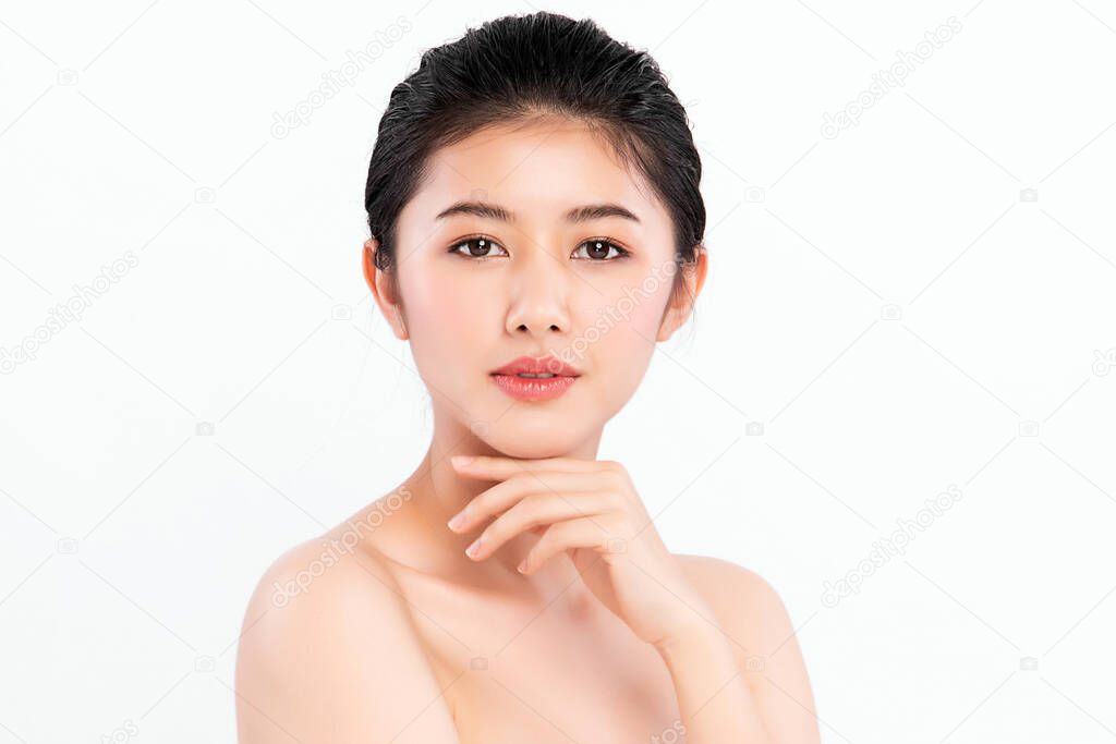 Beautiful Young asian Woman with Clean Fresh Skin, on white background, Face care, Facial treatment. Cosmetology, beauty and spa. Asian women portrait
