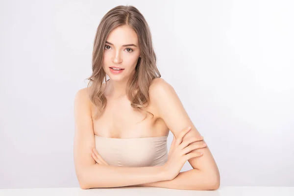 Beautiful Young Woman Clean Fresh Skin White Background Face Care — 스톡 사진