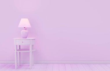 Renkli duvara karşı masada şık lamba, metin için alan. Yaşayan mor renk ile tasarım