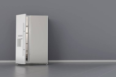 Modern yan yana Paslanmaz Çelik Buzdolabı. Sol kapıyı aç. 3d render