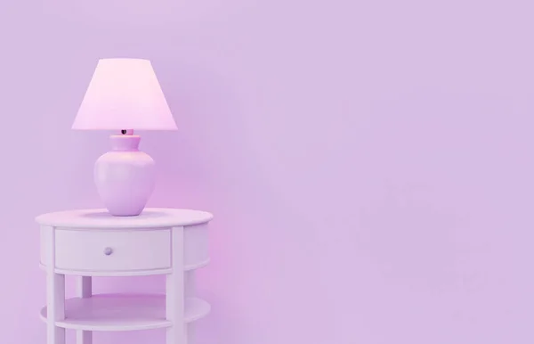 Stylish lamp on table against color wall, space for text. Design with living purple color