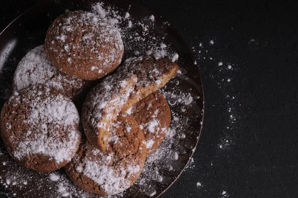 Galletas Avena Sobre Una Mesa Negra Azúcar Ricino — Foto de Stock