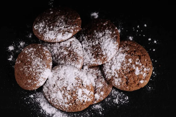 Oatmeal Cookies Black Table Castor Sugar — Stock Photo, Image