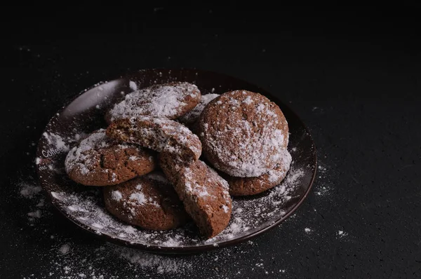 Oatmeal Cookies Black Table Castor Sugar — Stock Photo, Image