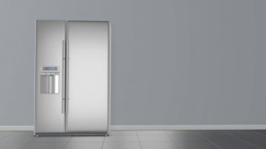 Modern yan yana Paslanmaz Çelik Buzdolabı. Sol kapıyı aç. Video