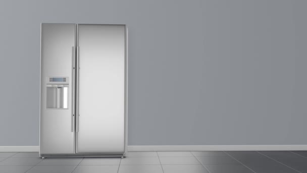 現代の並んでステンレス鋼の冷蔵庫 左のドアを開けろビデオ — ストック動画