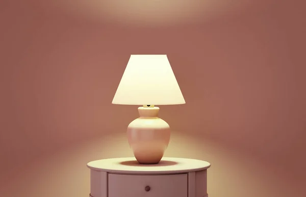 Stylish lamp on table against color wall, space for text. Design with living brown color
