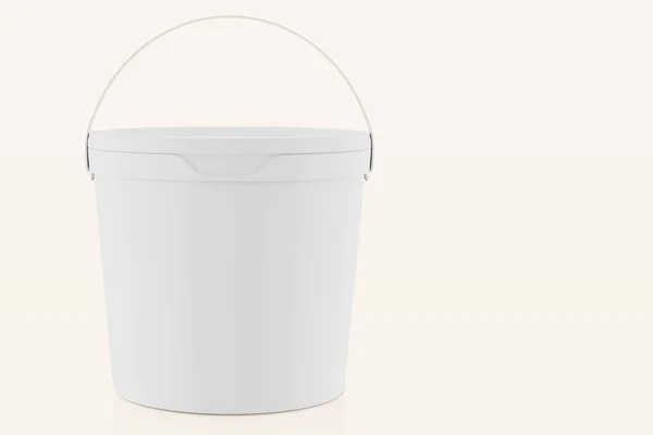 家庭用品のための白いマットプラスチックバケツ 900 現実的な包装モックアップテンプレート 正面図 上にハンドルを上げなさい 3Dイラスト — ストック写真
