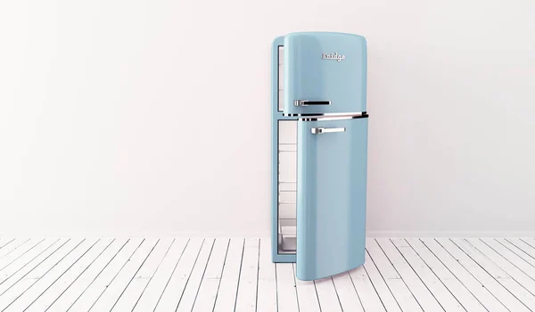 Blue Retro Refrigerator Home Appliances Interior Wood Floor — Stock Photo, Image