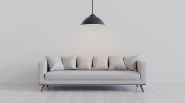 Hoş sade tarzı ve ince tasarımı ile oturma odası mavi kanepe ve ışık mavi duvar