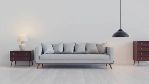 Ziemlich einfache Einrichtung des Wohnzimmers mit blauem Sofa und hellblauer Wand — Stockfoto