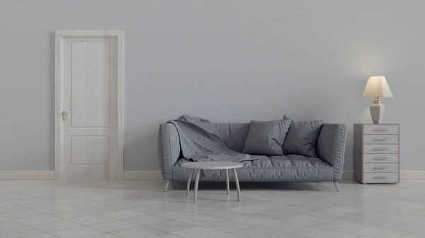 Сірий зал з двома подушками в реальному фото інтер'єру білої вітальні зі свіжою рослиною і порожньою стіною з місцем для вашої картини — стокове фото