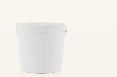 Beyaz kapaklı beyaz plastik set kova. Gıda, gıda maddeleri veya boyalar, astarlar, macun için Ürün Ambalaj. Tasarım için Mockup Şablon. Kopyalama alanı