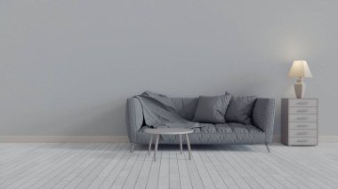 İç tarafında beyaz bir kanepe ve lamba var. Arkaplanı boş, 3 boyutlu.