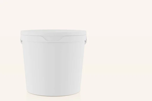 Λευκός πλαστικός κουβάς με λευκό καπάκι. Συσκευασία προϊόντος για τρόφιμα, τρόφιμα ή χρώματα, πρίμερς, στόκος. Πρότυπο για τη σχεδίασή σας. Αντιγραφή χώρου — Φωτογραφία Αρχείου